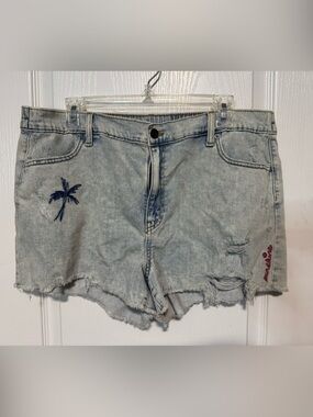 aerie Light Wash Distressed Denim Shorts with Embroidery